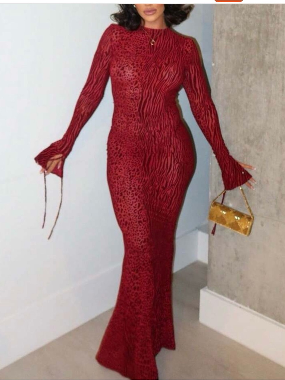 Red Long-Sleeve Bodycon Maxi Dress - Elegant